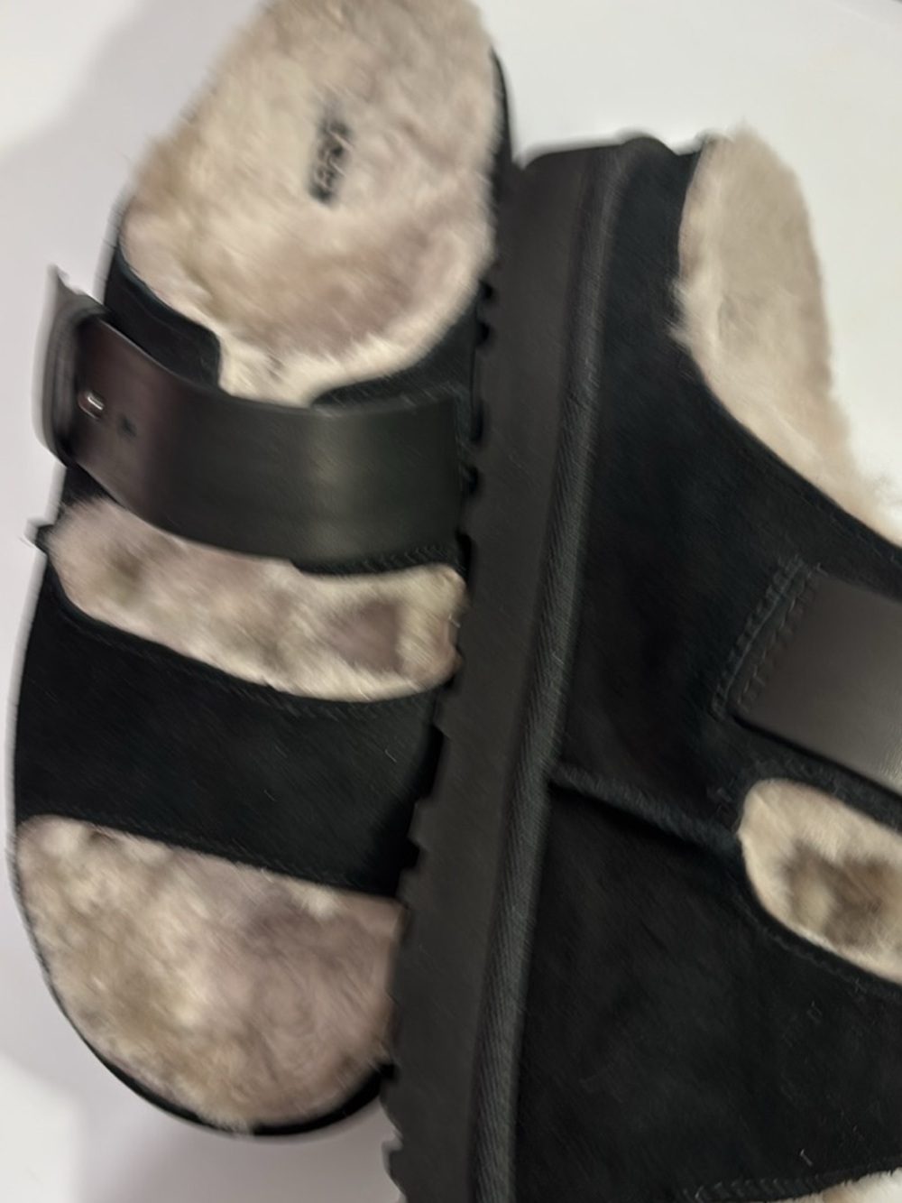 UGG  Black Suede Greenport Platform Shearling Slide Sandals. Size 10